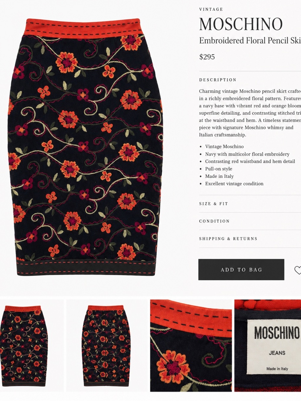 Moschino Black Pencil Skirt with Red Floral Embroidery